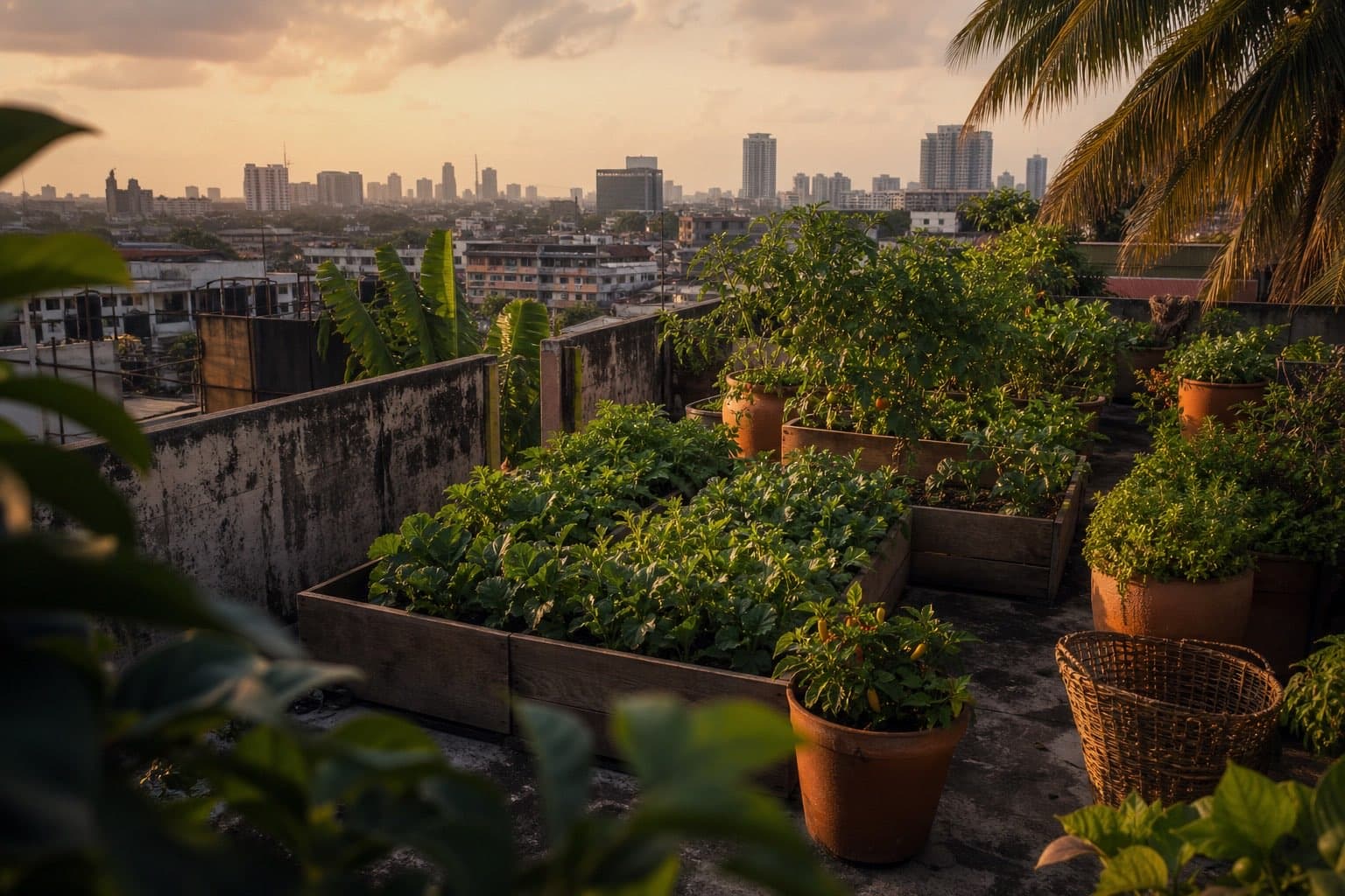 Illustrative concept of vegetable beds on a dense city rooftop